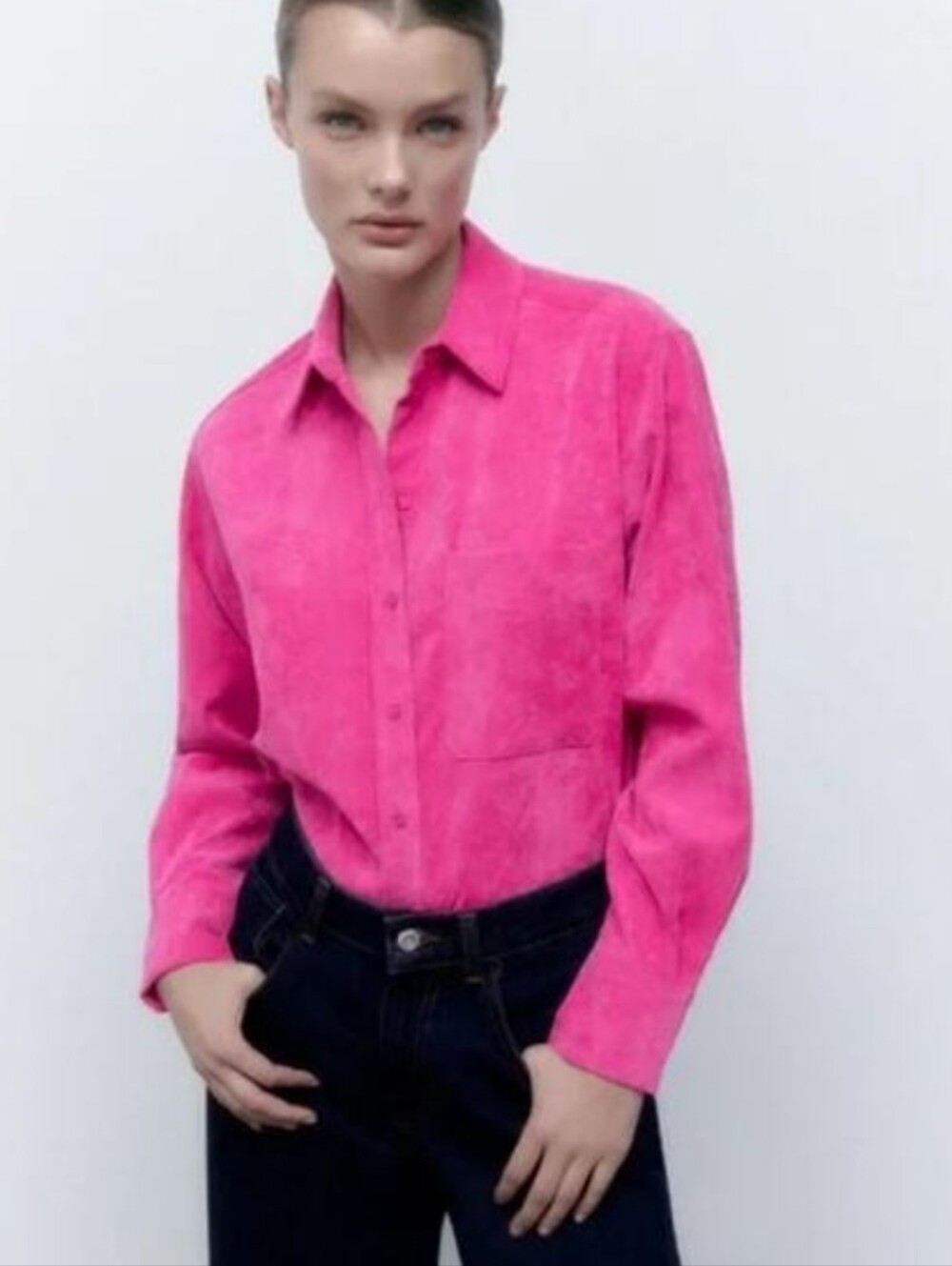 ZARA pink fine-wale corduroy button-down relaxed-fit top